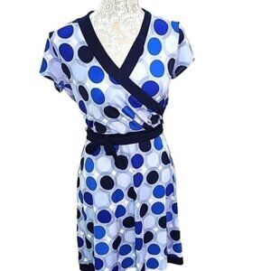 New York & Company Dress Mini Blue Polka Dot Belt Stretch Women''s Small